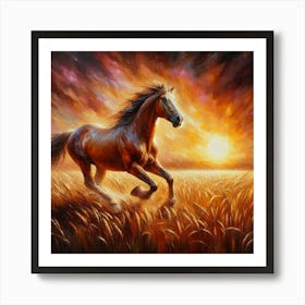 Horse Running In The Field At Sunset 4 Art Print