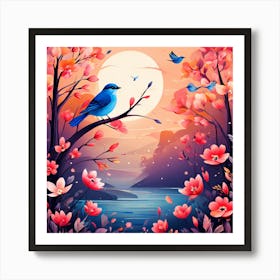 A Bright-Toned Design With Flowers And Leaves Trees And Birds A Beautiful And Simple Picture Blue Bird In The Forest Art Print