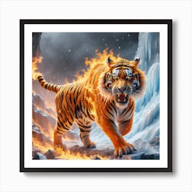 Flaming tiger running through ice caps  Art Print