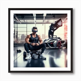 Alpha Male Model Working Out With Heavy Weight Machine, Wearing Futuristic Sonic Armor Exoskeletons And Vr Headset With Headphones Award Winning Photography With Sports Car Racing In Background Designed And C (1) Art Print