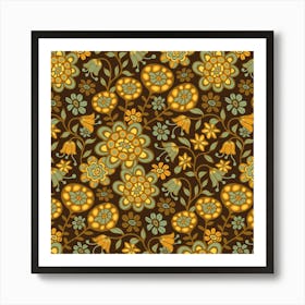 GARDEN WILD Boho Floral Cottage Botanical in Sage Green Brown Yellow Orange on Rich Brown Art Print