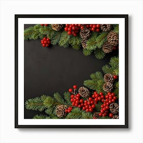 Christmas Tree With Berries On Black Background Art Print