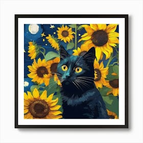 van gogh Sunflowers Cat Art Print