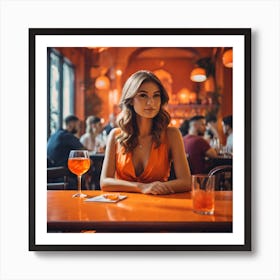 Beautiful Woman In Orange Dress In A Restaurant Art Print