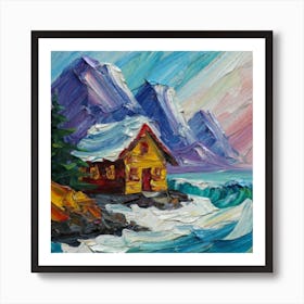 Acrylic and impasto pattern, mountain village, sea waves, log cabin, high definition, detailed geometric 18 Art Print