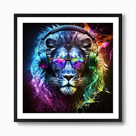 Lion With Headphones Art Print