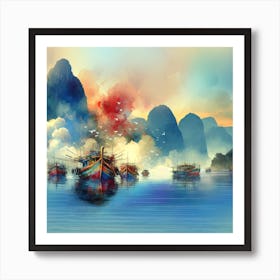 Sea Boats Blue Water Artwork Painting Square Affiche