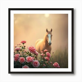 Horse In A Field Of Roses Art Print