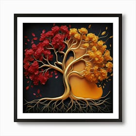 Template: Half red and half black, solid color gradient tree with golden leaves and twisted and intertwined branches 3D oil painting 8 Art Print