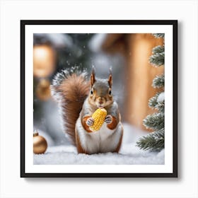 Squirrel Eating Corn In The Snow Art Print