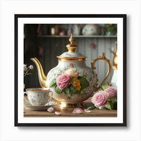 A very finely detailed Victorian style teapot with flowers, plants and roses in the center with a tea cup 12 Art Print