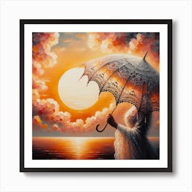 Woman Holding Umbrella At Sunset Art Print