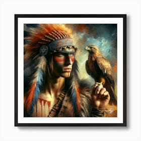 Oil Texture Young Native American Indian With Hawk Art Print