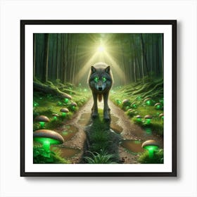 Wolfy looking for bioluminescent mushrooms 3 Art Print