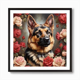 Roses And German Shepherd Art Print