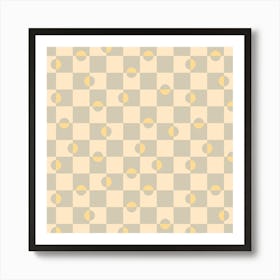 DAPPLED Retro Minimalist Mid-Century Modern Geometric Checkerboard with Polka Dots in Yellow Gray Cream Art Print