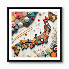 Mixed Media Japan: A Map of Japan with Origami, Chopsticks, and Other Elements Art Print