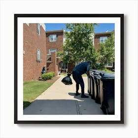 A Photo Of A Man Taking A Garbage Bag Out To A Dum (1) Art Print