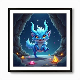 Magical Creature Emerging From A Hidden Cave With Sparkling, Precious Gems 1 Art Print