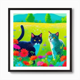 Two Cats In A Flower Field Art Print