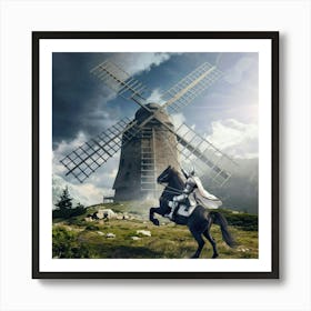Knight On Horseback In Front Of Windmill Art Print