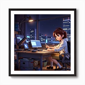 Anime Girl Working At Desk 2 Art Print