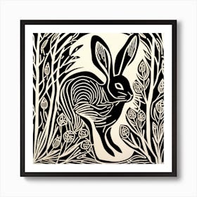 Rabbit In The Woods Linocut Art Print