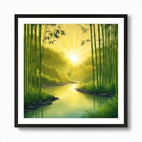 A Stream In A Bamboo Forest At Sun Rise Square Composition 3 Art Print