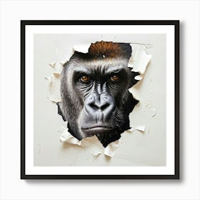 Gorilla Face Emerging From Ripped Paper Hyperrealistic Oil Painting White Background Black Ink G Art Print