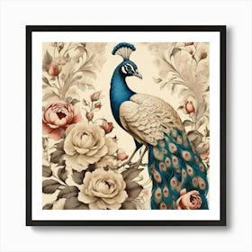 Cream Vintage Floral Peacock Wallpaper Art Print 1 Art Print