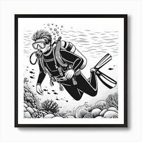 Line Art scuba diver 3 Art Print