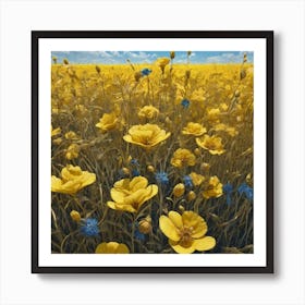 Yellow Flowers In Field With Blue Sky Trending On Artstation Sharp Focus Studio Photo Intricate Art Print