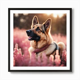 German Shepherd Dog In Pink Flowers Art Print