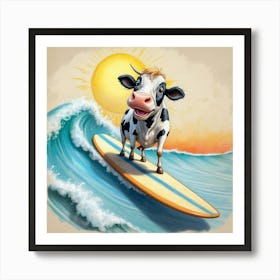 Cow Surfing On A Surfboard Art Print