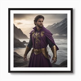 Young and handsome wizard with a strong determined attitude, prepairing a battle with his enemy, mountain and seascape in the background, gold, purple and dark grey color shades. Generated with AI, Art Style: Imagine V4, Negative Promt: no unpopular themes, CFG Scale: 5.0, Step Scale: 50. Art Print