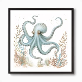 Storybook Style Octopus With Ocean Plants 8 Art Print