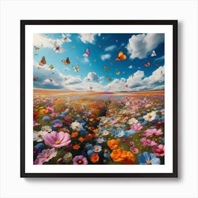 Field Of Flowers With Butterflies Art Print