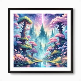 A Fantasy Forest With Twinkling Stars In Pastel Tone Square Composition 195 Art Print