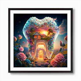 , a house in the shape of giant teeth made of crystal with neon lights and various flowers 5 Affiche