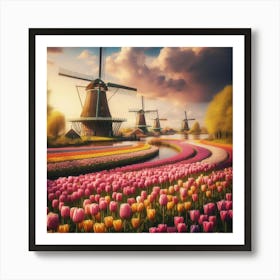 Amsterdam S Iconic Windmills Standing Tall Amidst Vibrant Tulip Fields, Style Dutch Golden Age 1 Art Print