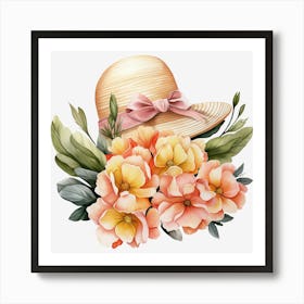 Watercolor Hat And Flowers Art Print