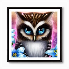 Owl With Blue Flowers 2 Art Print