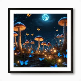 Mushrooms And Butterflies Under Blue Moon Art Print