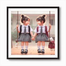 Two Schoolgirls On A Swing Art Print
