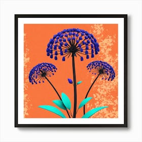 Blue Flowers On An Orange Background 1 Art Print