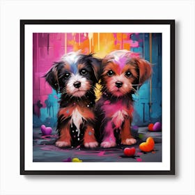 Two Puppies With Hearts Art Print