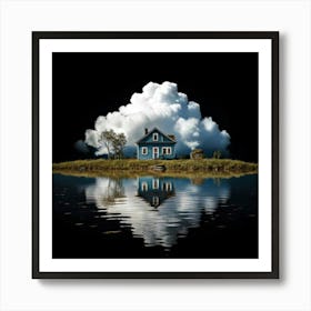 Firefly Black Background, Reflection, Old House, Cloud, Pond, Atmospheric, Serene, Mysterious, Moody (1) Art Print