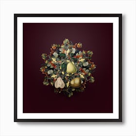 Vintage Pear Fruit Wreath on Wine Red n.0680 Art Print
