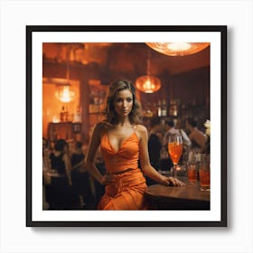 Beautiful Woman In Orange Dress In A Bar 5 Art Print