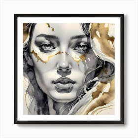 Study Of A Womans Face Black White And Gold Art Print